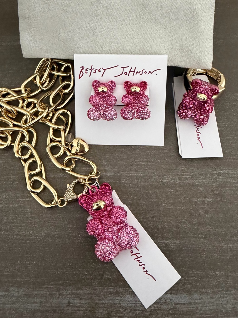 Betsey Johnson Pink Pavรฉ Crystal Teddy Bear Necklace , Earrings & Ring Set NWT